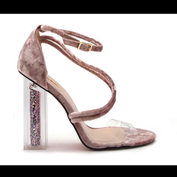 Qupid New New Pink/Clear Glitter Filled Velvet Heels - Picture 5 of 14